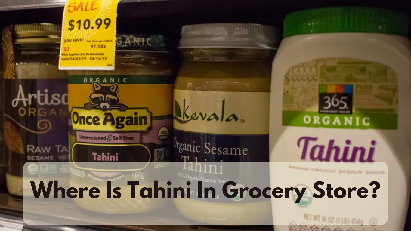 Tahini jars on grocery store shelve