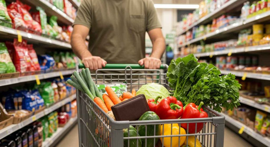 man with cart and having wallet