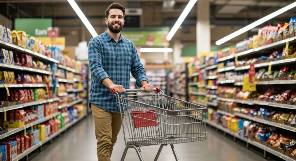man with cart in a grocery store
