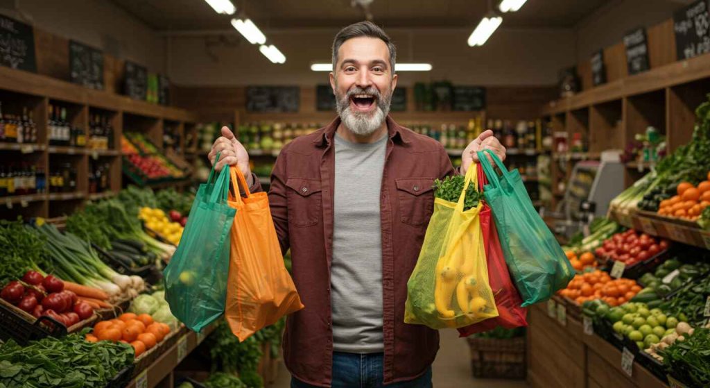Man like winning expression in a grocery store